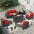 thumbnail image 1 of Kullavik Patio Furniture Sectional Sofa Set 7-Pieces PE Rattan Patio Conversation Set w/43in Gas Fire Pit Table, Outdoor Furniture with 55000 BTU Propane Fire Pit, Red, 1 of 6