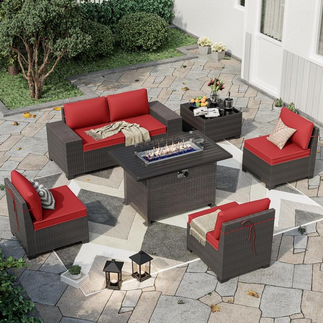 Kullavik Patio Furniture Sectional Sofa Set 7-Pieces PE Rattan Patio Conversation Set w/43in Gas Fire Pit Table, Outdoor Furniture with 55000 BTU Propane Fire Pit, Red