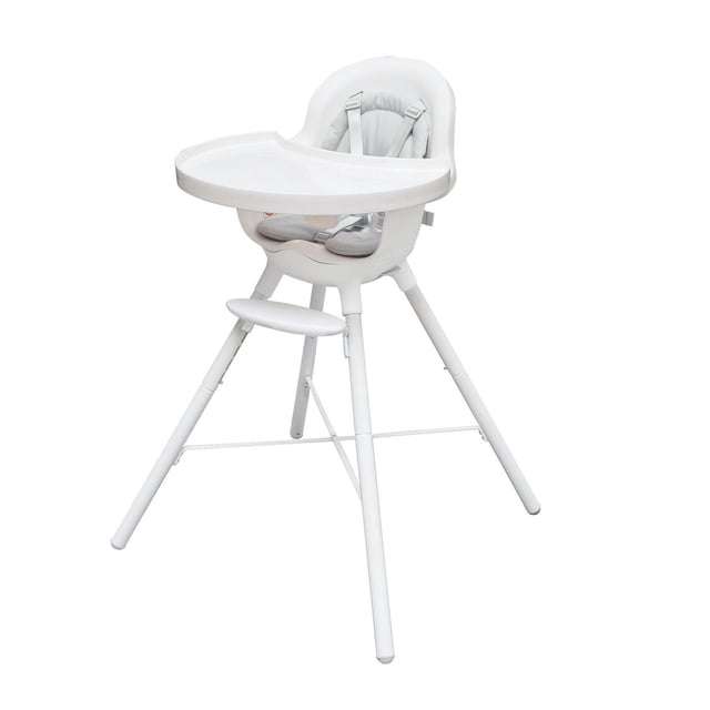 Boon GRUB™ dishwasher safe adjustable baby high chair in white with removable dishwasher-safe tray and padded seat, adjustable footrest, safety harness, and converts to a toddler chair for use up to 50 pounds.