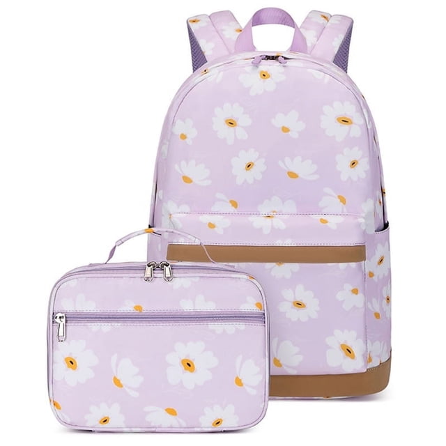2PCS Daisy Printed Kids Backpack Girls School Bookbag Set Elementary Students Daypack with Lunch Bag