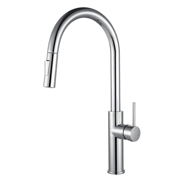 The akuaplus® ABA pull down Kitchen Faucet with a high-arched chrome spout, single lever handle, and flexible pull-down spray head featuring a 2-function sprayer for switching between aerated and vaporizing jets, designed for kitchen renovation and filling large pots.
