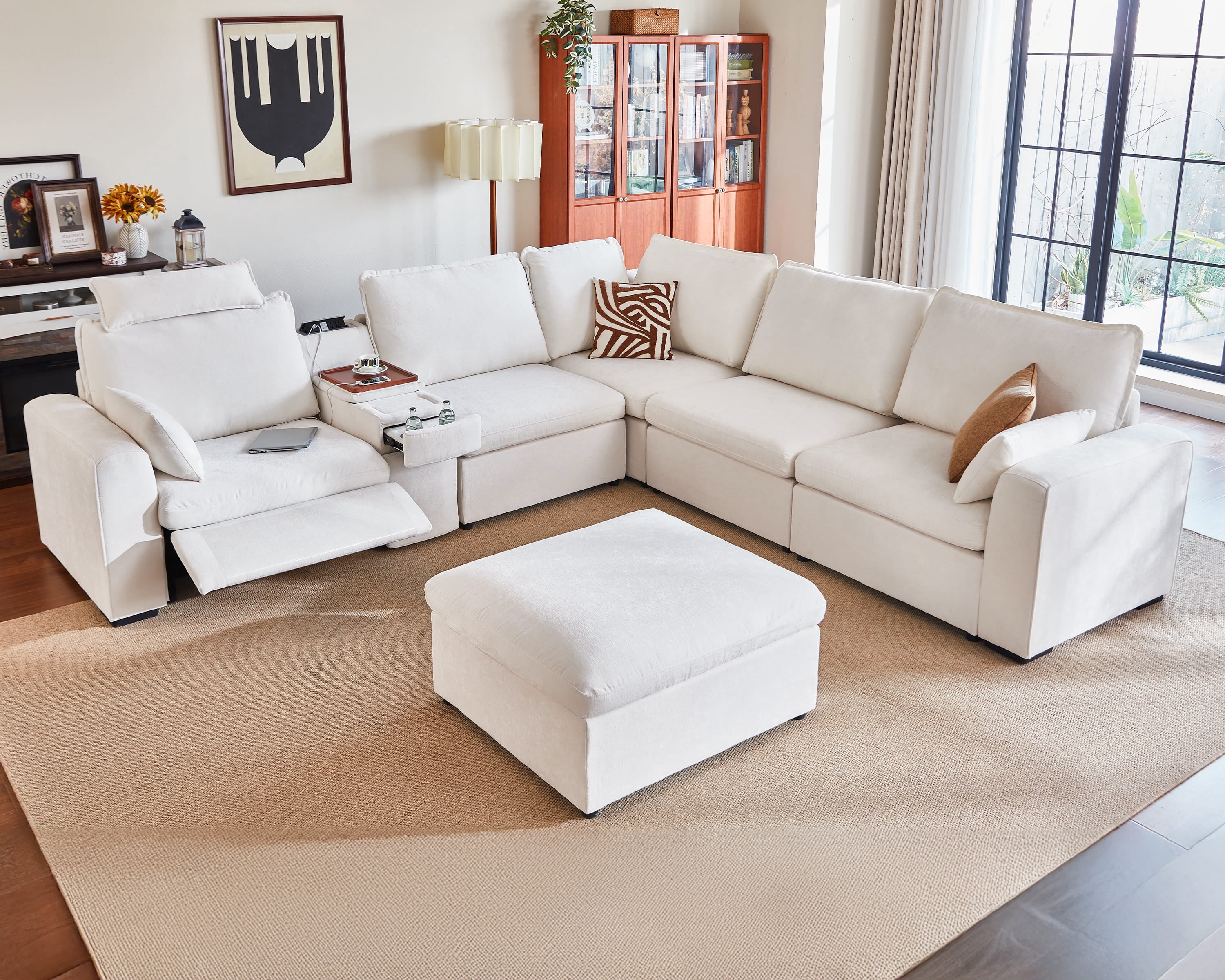 BEDEEP 133.9'' Power Recliner Sofa with Headrest Console, Moduar Cloud Sectional Chenille Reclining Couch with Storage Ottoman Chaise, Convertible 6-Seater Sofa Couch for Living Room RV, White