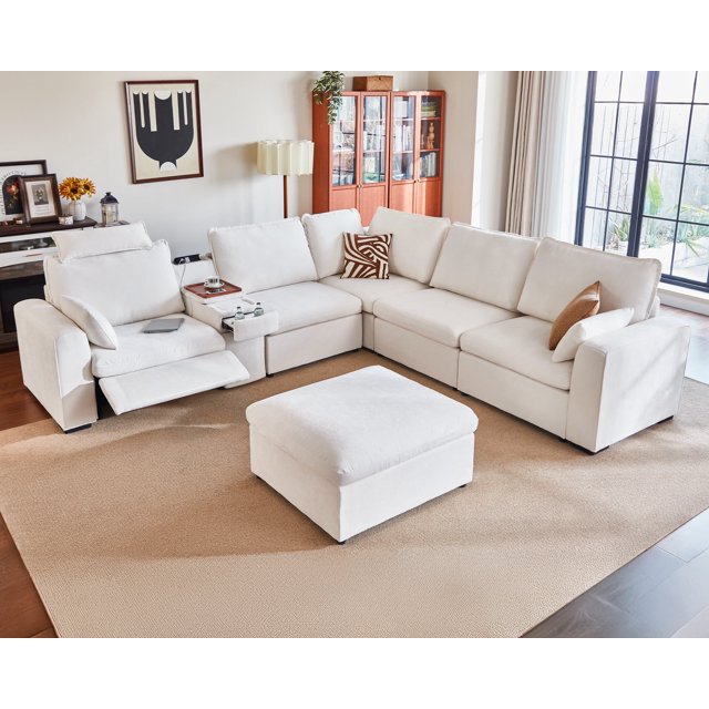 BEDEEP Canapé Inclinable Électrique 133,9 Pieds' avec Console d'Appui-tête, Canapé Sectionnel en Chenille Moduar Cloud avec Ottoman de Rangement, Canapé Convertible 6 Places pour Salon RV, Blanc