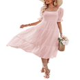 thumbnail image 3 of Women Shirred Ruffle Long Flounce Sleeve Mini A Line Dress Square Neck High Waist Short Dresses, 3 of 6
