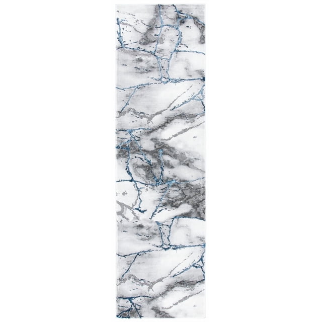 SAFAVIEH Craft Paul Abstract Marble Area Rug rectangular runner featuring an abstract marble pattern with swirling gray and blue lines on a white background, made from soft synthetic yarns for durability and comfort, suitable for contemporary accent spaces and hallways.