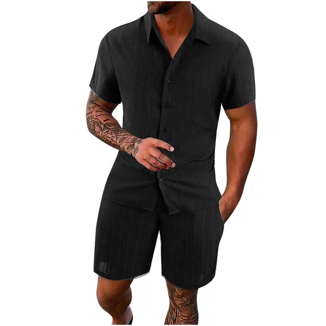 TIMIFIS Men's Cotton Linen Sets Short Sleeve Pleats Suits 2 Piece Button Shirt and Shorts Beach OutfitsFall
