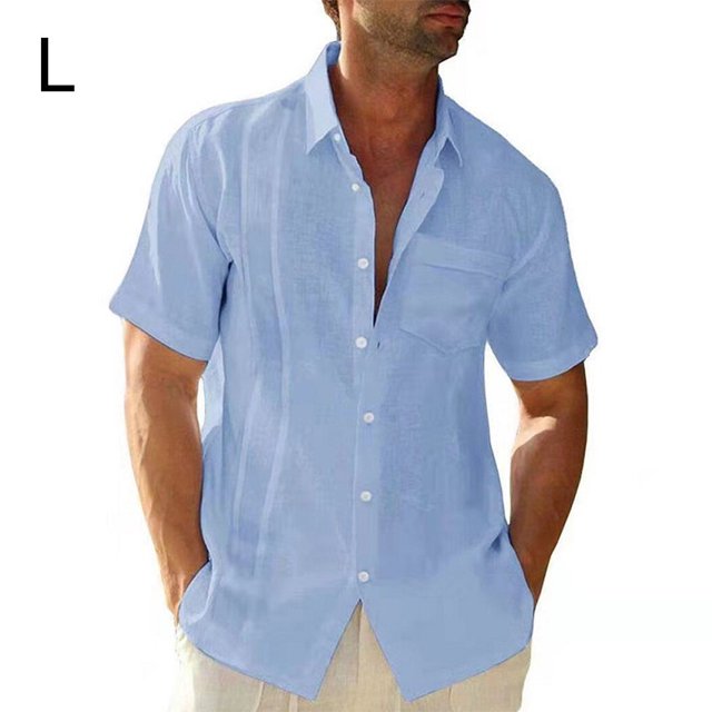 ziyahi Traveling Casual Style Men's Button Down Shirt Summer Pool Party Solid Color Simple Design Slim Fit Tops Daily Clothes Light Blue L
