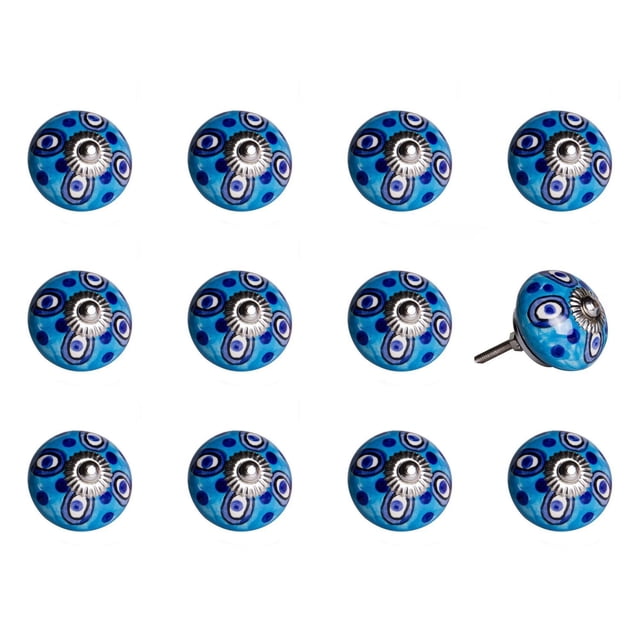 KNOB-IT vintage handpainted ceramic knobs 12-pack featuring round blue knobs with handpainted concentric circle patterns in white, black, and blue, each with a silver metal bolt that can be trimmed to size, arranged in three rows on a white background with one knob angled to show the bolt, suitable for cabinets, drawers, and cupboards