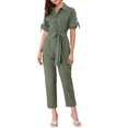 thumbnail image 2 of Unique Bargains Combinaison Short pour Femme à Col Rabattu, Boutonnée, Taille à Nouer, Cargo, 2 of 6