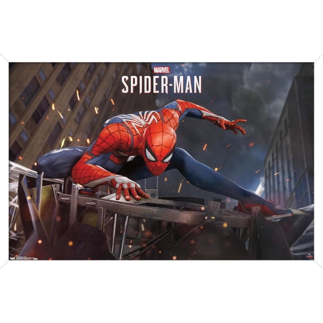 Marvel Comics - Spider-Man - Action Wall Poster, 22.375" x 34" depicting Spider-Man in his red and blue suit with white spider emblem crouched on metal debris with sparks flying against a dark cityscape, suitable for bedroom or office wall decor.
