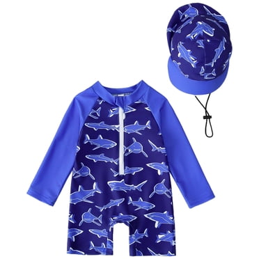 Zanarzt Baby Boys Swimsuit Infant Toddler Baby Boy Rash Guard Swimsuit Long Sleeve Zipper Bathing Suit with Hat Beach Swimwear Blue,3-4 Years