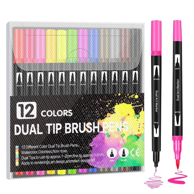 Double Tip Brush Pens Art Markers 12 Point Drawing Pens Quick Dry Pens Smooth Writing Pens Ideal Office Supplies Gift Pens Cute for Drafting, Engineering, Architecture Professionals