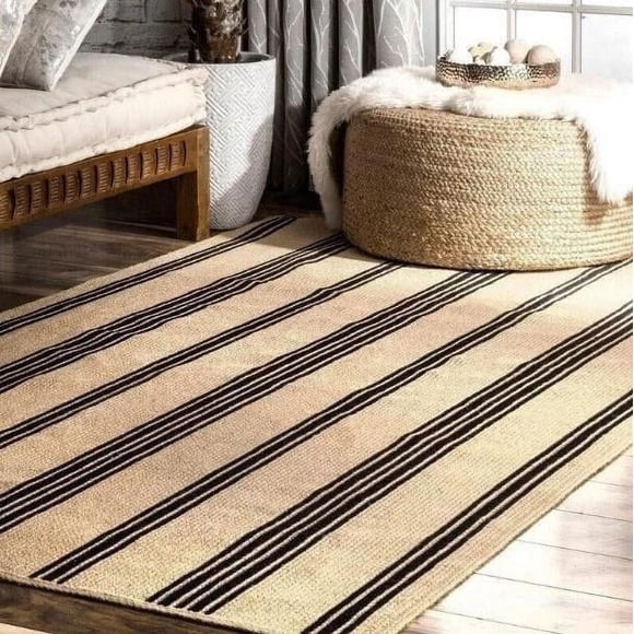 Indian Handmade Braided Natural Pure Jute with Black Design Area Rugs Size 5 x 8 Feet (150 cm x 240 cm )