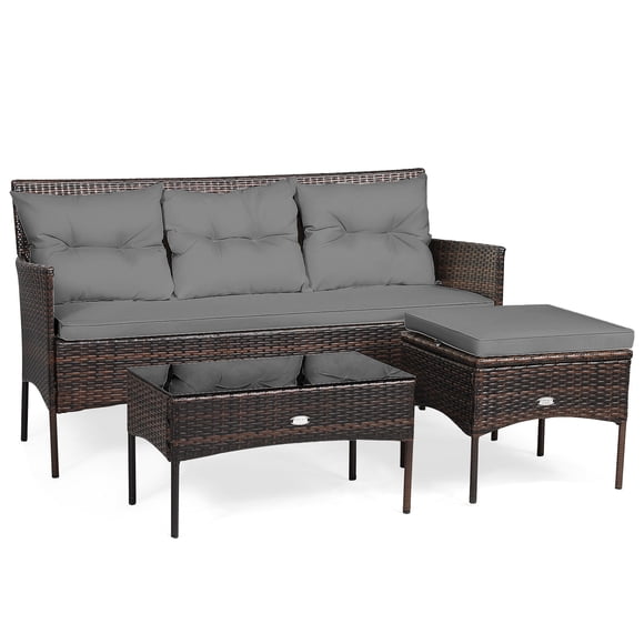Patiojoy Ensemble de Mobilier de Patio 3 Pcs pour l'Extérieur en Osier Toutes Saisons Ensemble de Conversation avec Ottoman Coussiné et Table d'Appoint Gris