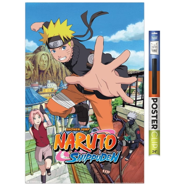 Naruto Shippuden - Jump Wall Poster, 22.375" x 34" depicting Naruto Uzumaki reaching forward in an action pose with Sakura Haruno and Kakashi Hatake on a rooftop in the Hidden Leaf Village, printed on glossy paper with vibrant colors, includes a 24-inch poster clip for easy, damage-free hanging, suitable for anime-themed room decor or dorm walls.