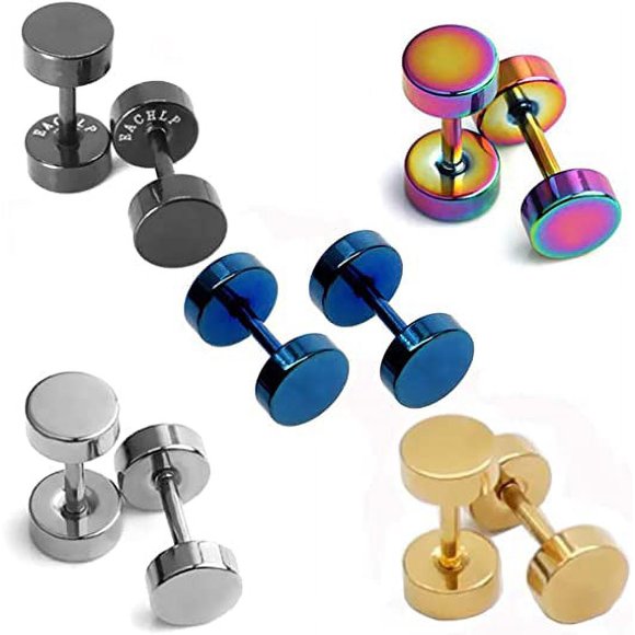 Jinsinto Dot Earrings, High Polished Surgical Steel Screw Flat Back Disc Stud Earrings for Women Men Pack of 5 Pairs(6MM)