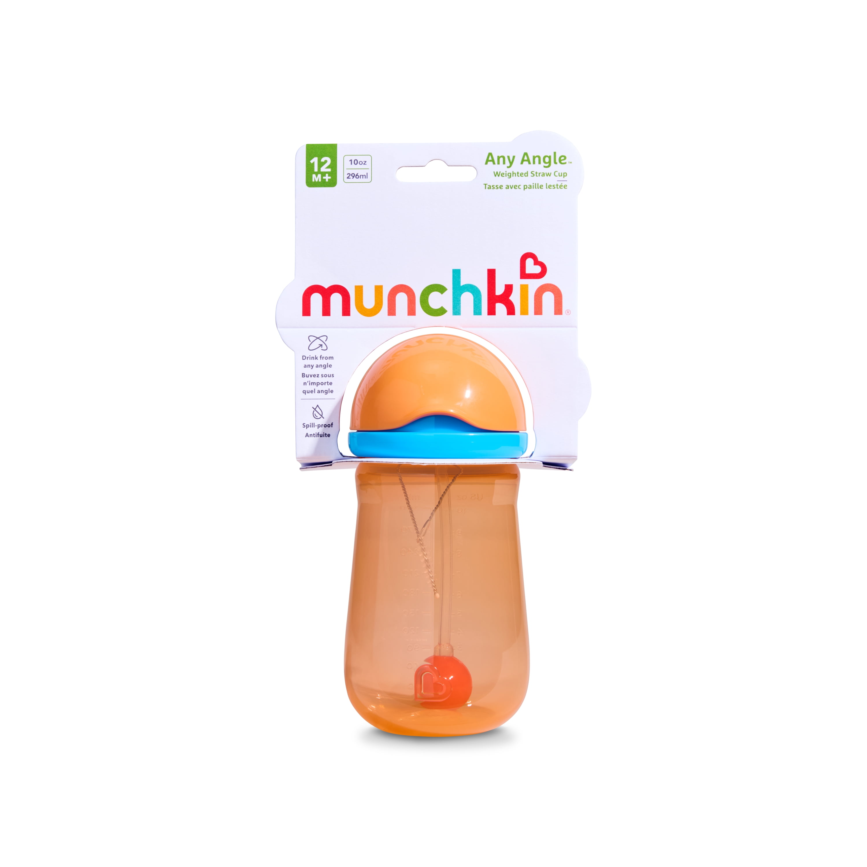 Munchkin Any Angle™ Spill-Proof Weighted Straw Trainer Cup with Click Lock Technology, Baby & Toddler Transition Sippy Cup, 10 Ounce Orange