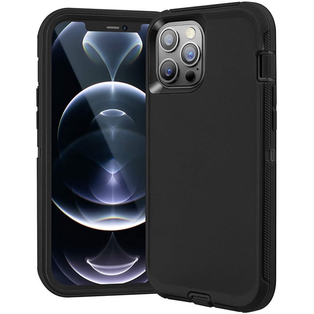 PST iPhone 13 Pro (6.1") hard case featuring a triple-layer shockproof design with anti-drop protection. The case is black with precise cutouts for buttons, controls, and ports, including a dust plug for the charging port. It has raised edges and reinforced corners for enhanced screen, camera, and back protection. Suitable for heavy-duty use and customizable with interchangeable color combinations.