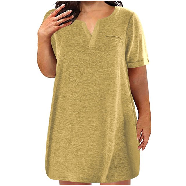 Penkiiy Robes Grande Taille pour Femmes aux Formes Robe Ample Robe d'Été pour Dames Robe de Détente Aguichant Petite Col en V Manches Courtes Robe Décontractée L Jaune