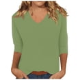 thumbnail image 1 of Spring Tops for Women V Neck Solid Color Casual Summer Basic Top Long Sleeve Basic Oversized Tshirts for Women Green XL, 1 of 4