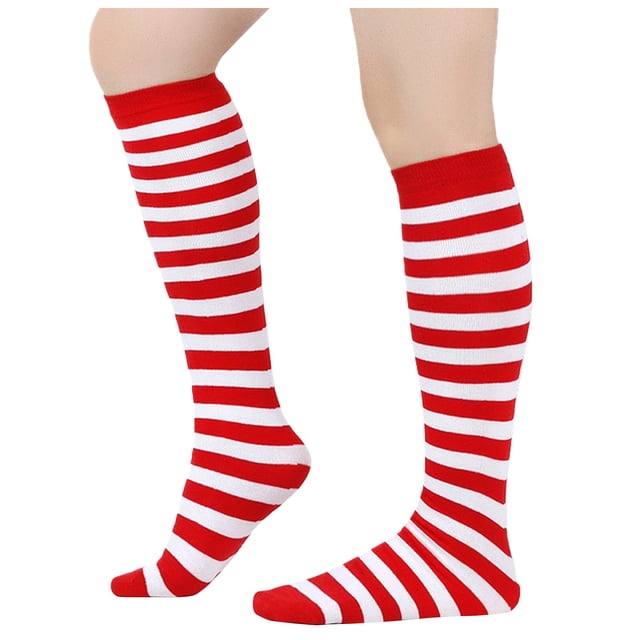 GPOECD Chaussettes Mi-Mollet à Rayures pour Dames, Chaussettes de Performance de Noël Jusqu'au Genou pour Femmes, Bas de Fête Confortables Rouges,