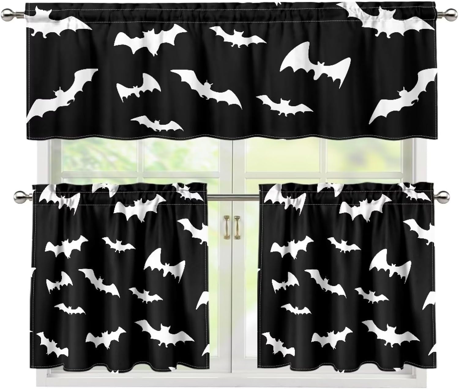 Halloween Bat Kitchen Curtains and Valances 3 Piece Set,Valance Curtains for Kitchen Windows Halloween Kitchen Curtains Tiers and Valances for Cafe Living Room Window Decoration