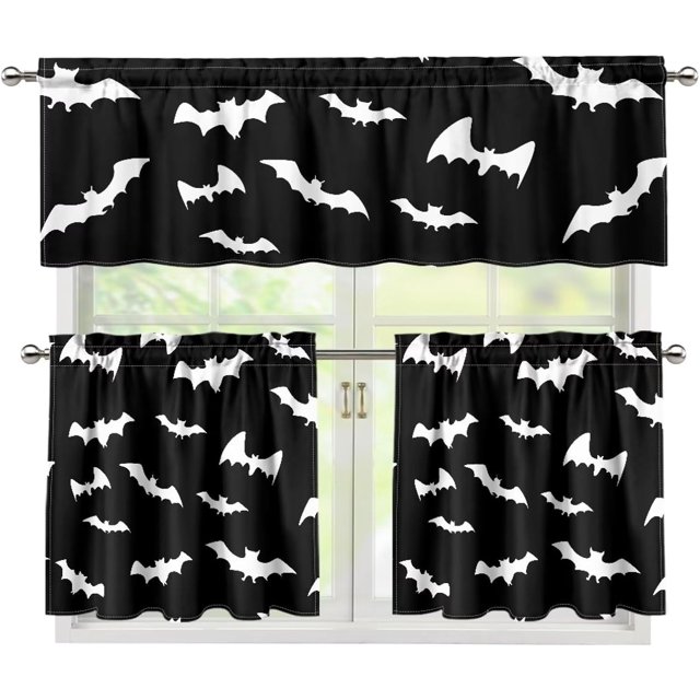 Halloween Bat Kitchen Curtains and Valances 3 Piece Set,Valance Curtains for Kitchen Windows Halloween Kitchen Curtains Tiers and Valances for Cafe Living Room Window Decoration