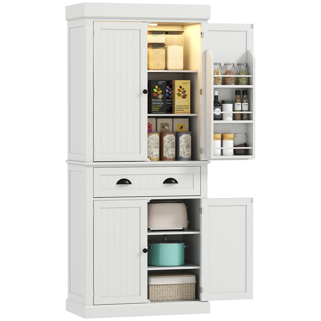 HOMCOM 71" Kitchen Pantry Cabinet with Spice Racks and LED Lights, White