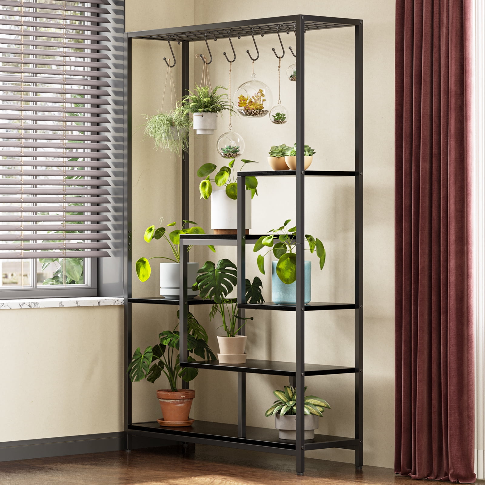 Indoor Plant Stand 5-Tier Tall 70.9", Large Metal Plant Shelf with Hanging Hooks, Multi-Purpose Display Rack, Flower Bonsai Pots Organizer for Garden, Balcony, Living Room