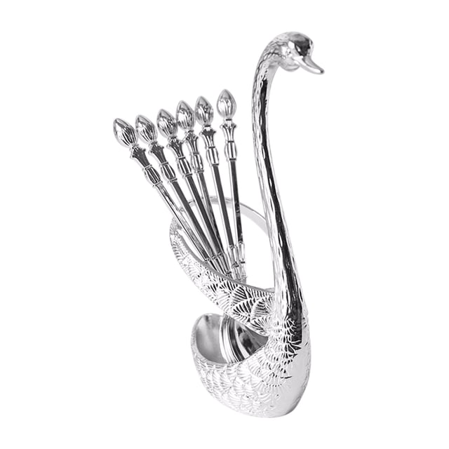 Coffee Spoons and Forks Set Stainless Steel Bar Dessert Serving Utensils With Swan-Shaped Rack 12 cm Spoon 13 cm Fork