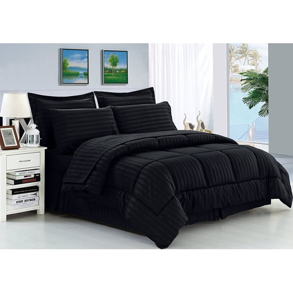 Mocassi Wrinkle Resistant - Silky Soft Dobby Stripe Bed-in-a-Bag 8-Piece Comforter Set --HypoAllergenic - King Black