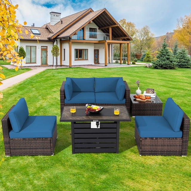 Costway 6PCS Patio Rattan Furniture Set 42" Fire Pit Table Cover Sofa Cushion Navy