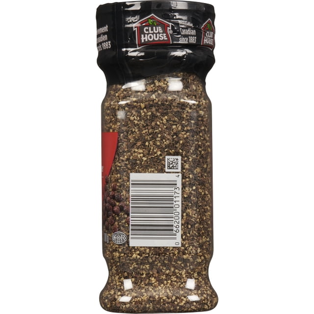 Club House Coarse Grind Black Pepper 100 Gram in a clear plastic bottle with a black cap, showing coarsely ground black peppercorns inside, ideal for seasoning steaks, roasts, soups, and dressings.
