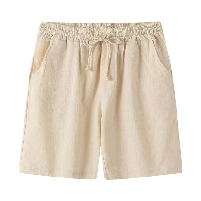 BADHUB Men Cotton Linen Shorts Summer Solid Color Elastic Waist Short Pants Sportswear with Drawstring Pockets Summer Beach Comfy Lounge Wear