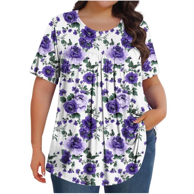 Pisexur Hauts de Printemps pour Femmes Blouses pour Femmes Décontractées Mode Féminine Imprimé Col Rond Manches Courtes Plissé Ample Multicolore, 4TG