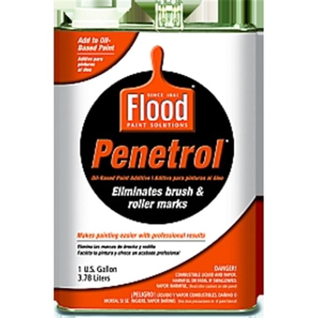 Flood Corporation FLD4 1 Gallon, Additif de Peinture Penetrol dans un Contenant Métallique Rectangulaire avec Étiquette orange et Noire. Ce Produit Améliore la performance des Peintures à l'Huile et à Base d'Alkydes en Améliorant le Débit, en Éliminant les Marques de Pinceau et en Augmentant l'Adhérence pour Prévenir l'Épluchage et les Bouloches. Il Convient à une Utilisation sur les surfaces Métalliques pour Inhiber la Rouille et l'Oxydation, le Rendant Idéal pour l'Amélioration de la Maison et les Projets