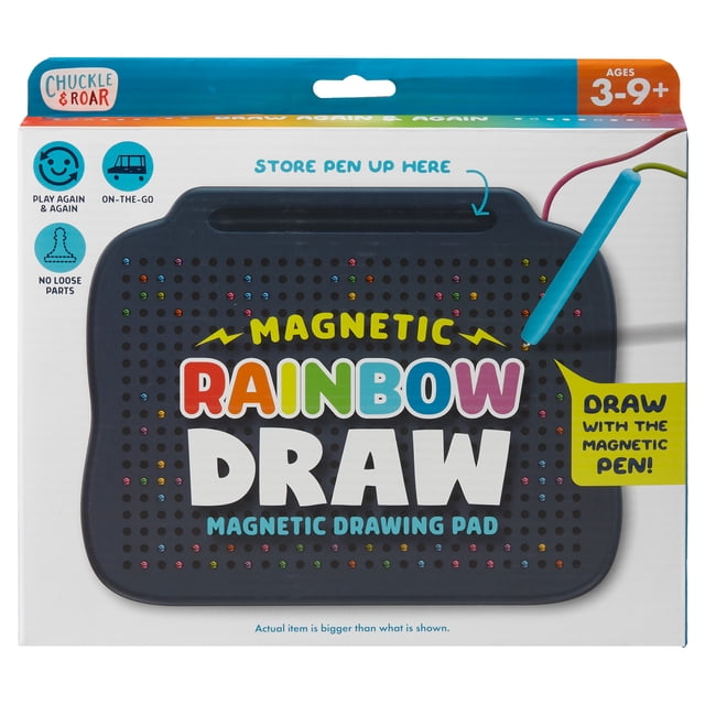 Chuckle & Roar Magnetic Rainbow Draw for Ages 3+ by Buffalo Games, a magnetic drawing pad with a dark rectangular board featuring multicoloured magnetic dots in a grid, includes a tethered blue magnetic pen stored in a top slot, suitable for mess-free creative play and travel.