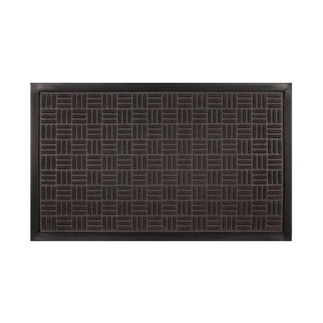 Mainstays Gateway Charcoal Polyester Doormat, 18'' x 30'', rectangular with a charcoal recycled rubber surface featuring a grid pattern of raised horizontal and vertical lines, designed with recessed channels to trap dirt and a slip-resistant texture ideal for outdoor entryways in all weather, also suitable for use as a mudroom mat.