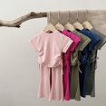 thumbnail image 4 of Zwiiyzr 2025 Toddler Girl Summer Outfits Solid Color Drawstring Short Sleeve Flared Pants Two Set Cute Pants Size 2-8 Years Blue, 4 of 4
