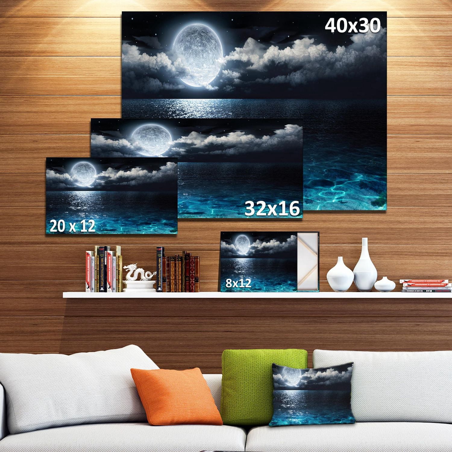 Designart Pleine lune romantique sur la mer Art mural sur toile