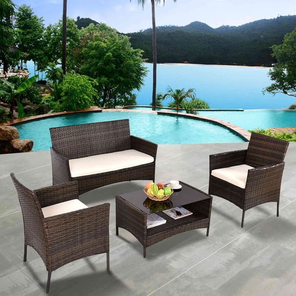 Costway Ensemble de Mobilier de Patio en Rotin 4 Pcs Table Étagère Sofa Extérieur Jardin avec Coussin Beige