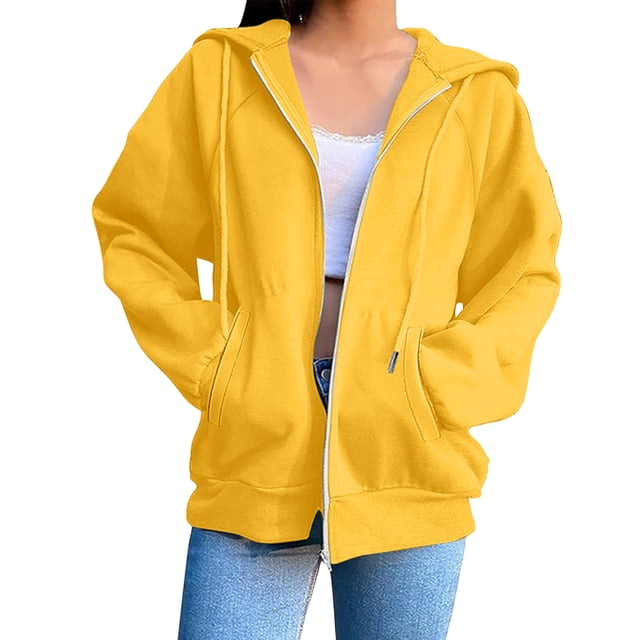 VINUSLI Womens Plus Hoodie Full Zip Solid Color Drawstring Lightweight Hoodies with Pocket Long Sleeve Fall Sweatshirt Yellow,XXL