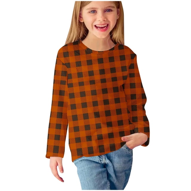 HAiming Hauts à Carreaux pour Filles Enfants Décontractés Mignons Col Rond Manches Longues Tuniques Hauts 2025 Automne Hiver Chandail Blouse Vêtements