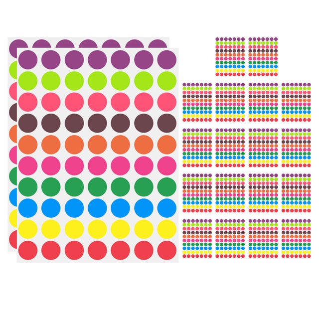 1400pcs Blank Colored Dot Stickers Round Dot Label Stickers Adhesive Circle Stickers. The image displays several sheets of round adhesive stickers in vibrant colors such as red, yellow, blue, green, orange, pink, purple, and brown. Each sheet contains 70 stickers, arranged in uniform rows. These stickers are made of paper with a writable surface, ideal for color coding, labeling, organizing, and pricing in homes, offices, or stores. The self-adhesive design ensures easy application and removal.