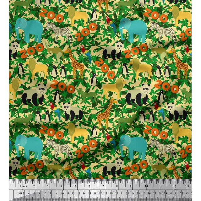 Soimoi Poly Georgette Fabric Leaves,Parrot & Zoo Animals Jungle Decor Fabric Printed Yard 52 Inch Wide