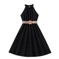 thumbnail image 1 of biudgviw Robe d'Été pour Filles Sans Manches à Col Licou, Épaules Dénudées, Ceinturée, Robe Trapèze Midi Décontractée, Robe Soleil 6-13 Ans, 1 of 3