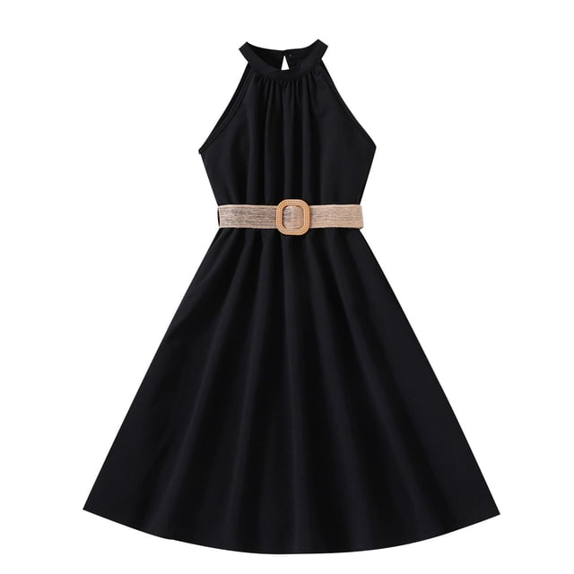 biudgviw Robe d'Été pour Filles Sans Manches à Col Licou, Épaules Dénudées, Ceinturée, Robe Trapèze Midi Décontractée, Robe Soleil 6-13 Ans