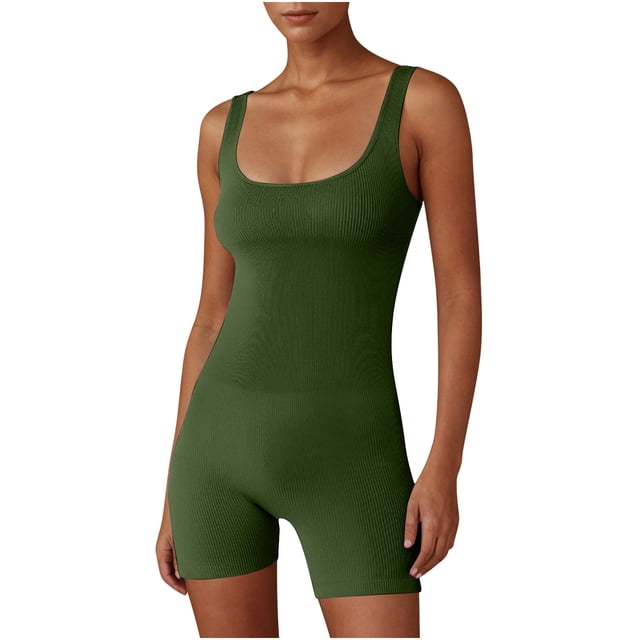 Timegard Bodysuit for Women Slim Workout Yoga Rompers Square Neck Sleeveless Short Jumpsuits Athletic