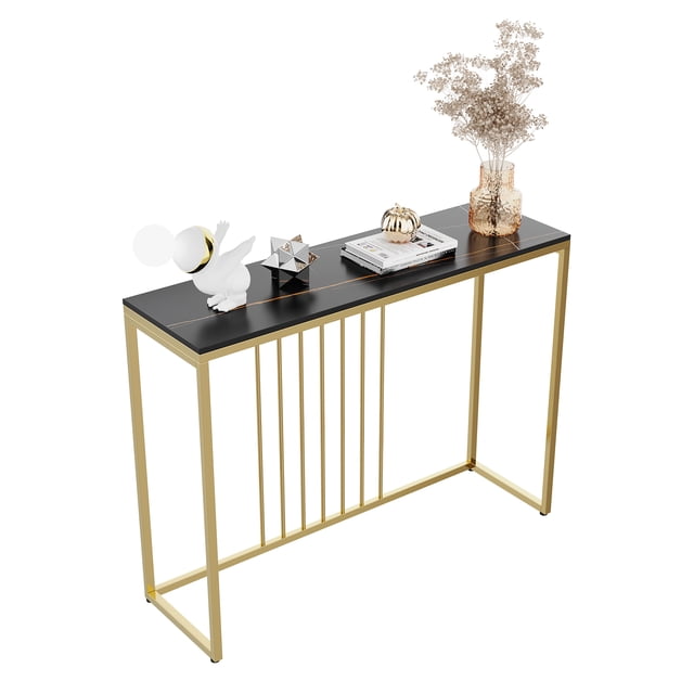 Wisfor Console Table for Entryway featuring a genuine sintered stone tabletop with a black marble texture and a golden metal frame. The table has a sleek rectangular design with three vertical bars on the front for added style. It is decorated with a vase, books, and ornaments, showcasing its use as a decorative display table. Suitable for entryways, hallways, living rooms, or bedrooms.