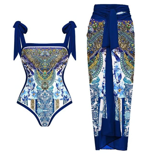Maillot de Bain une Pièce pour Femmes avec Jupe de Plage Paréo Imprimé Floral Rétro Ensemble Bikini Deux Pièces